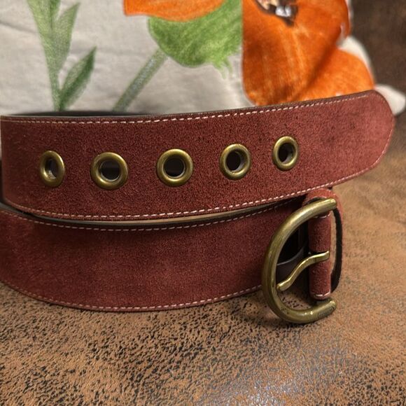 VINTAGE COACH BELT 02/03 SOHO SOLID BRASS BUCKLE GROMMETS RUST SUEDE LEATHER XL - Picture 6 of 12